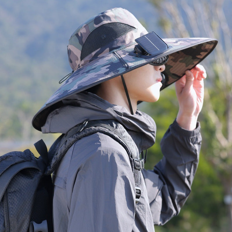 Wide-brimmed outdoor sun hat with solar-powered micro fan, breathable mesh and adjustable chin strap Bowlift
