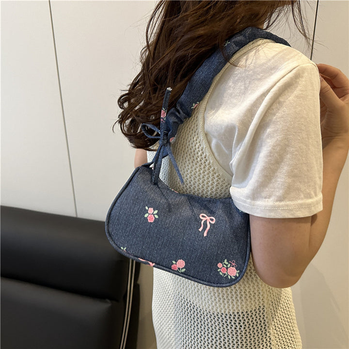 Embroidered Denim Shoulder Bag Bowlift
