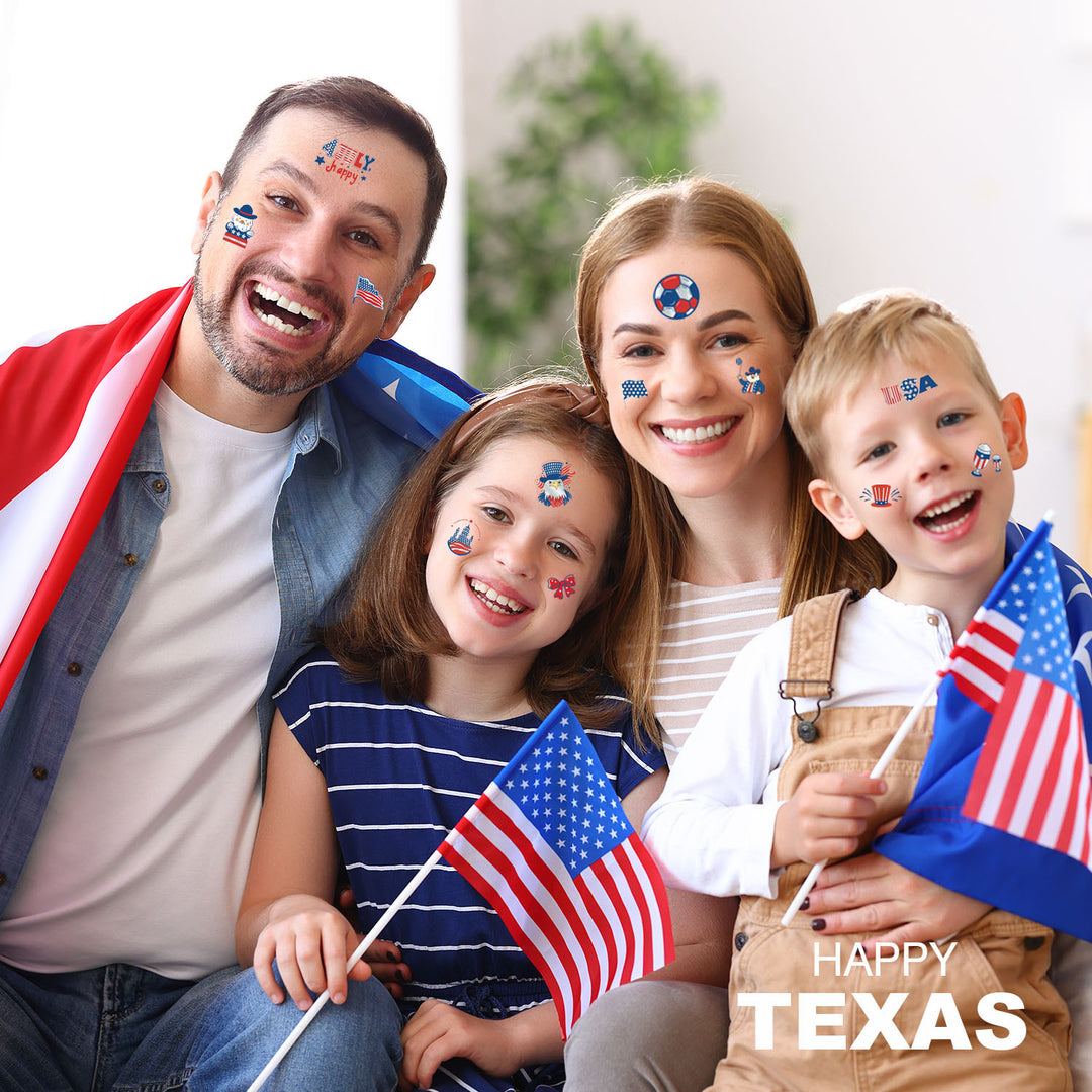 Independence Day illustrated temporary tattoo sheets with assorted patriotic icons skin-safe waterproof Bowlift