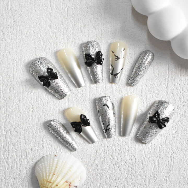 Glittery Bow-Accent Press-On Nail Set Bowlift