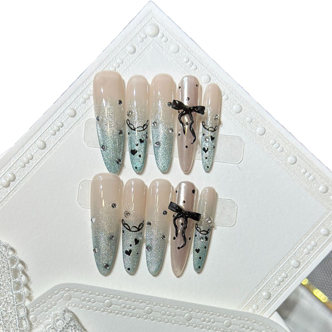 Elegant Stiletto Press-On Nail Set with Rhinestone and Bow Accents Bowlift