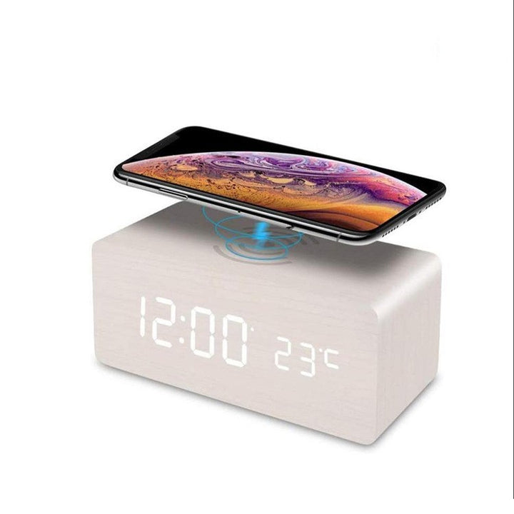 Wooden LED Alarm Clock with Wireless Qi Charging and Indoor Temperature Display Bowlift