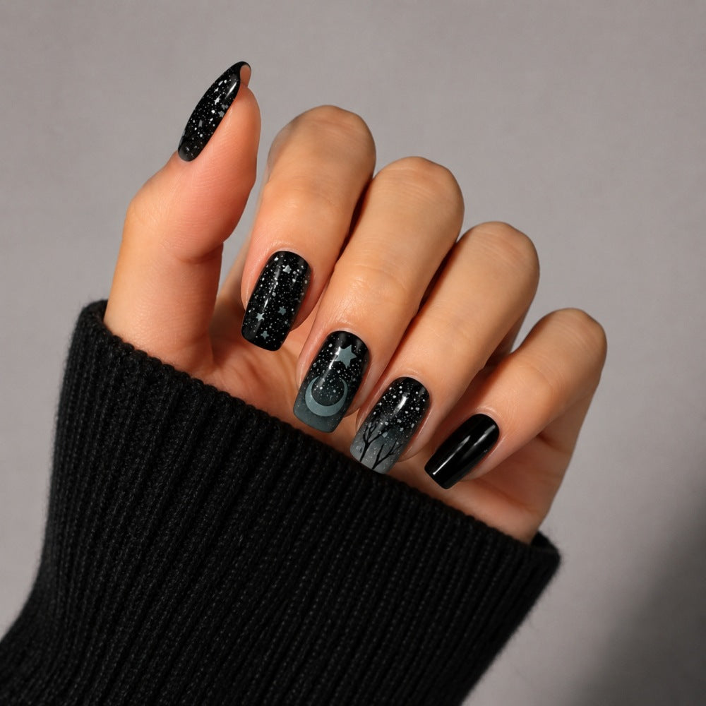 Artistic Press-On Nail Art Set with Starry Night Design Bowlift