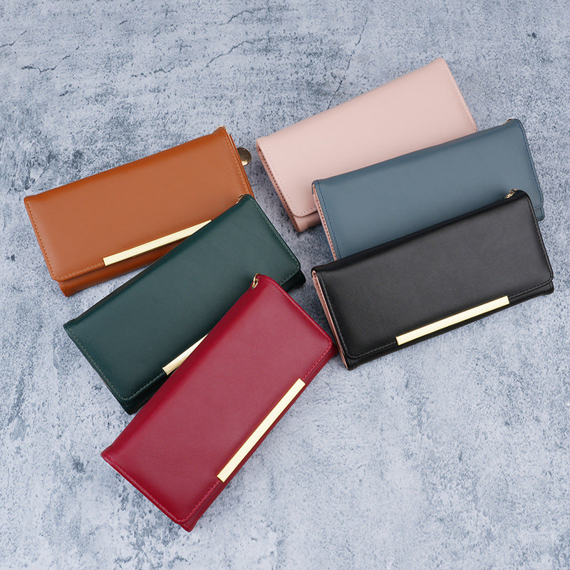 Premium vegan leather long wallet clutch with gold bar accent and detachable chain Bowlift