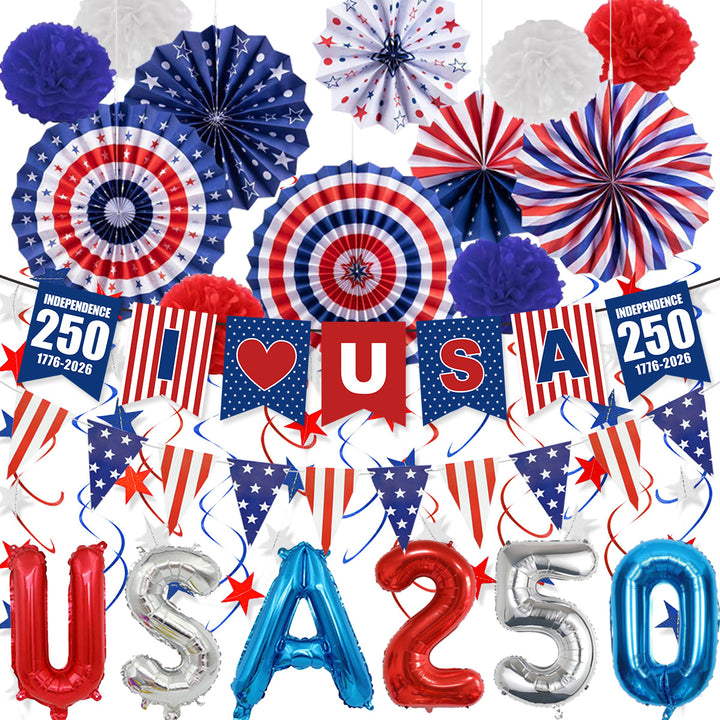 Unisex nan patriotic party decoration set with paper fans bunting pom poms star garlands and foil letter balloons Bowlift