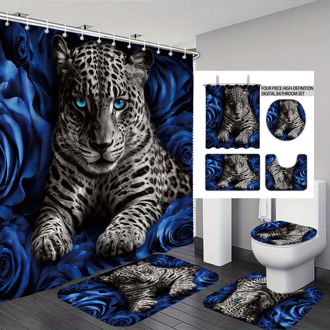 Artistic High-Definition Leopard and Rose-Themed Bathroom Décor Set Bowlift