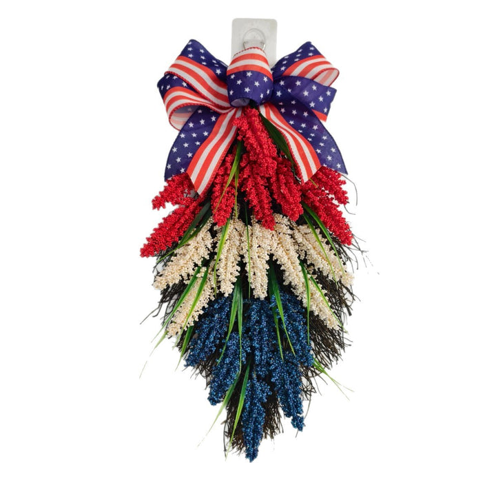 Independence Day tiered faux wildflower door swag with grosgrain stars-and-stripes bow Bowlift