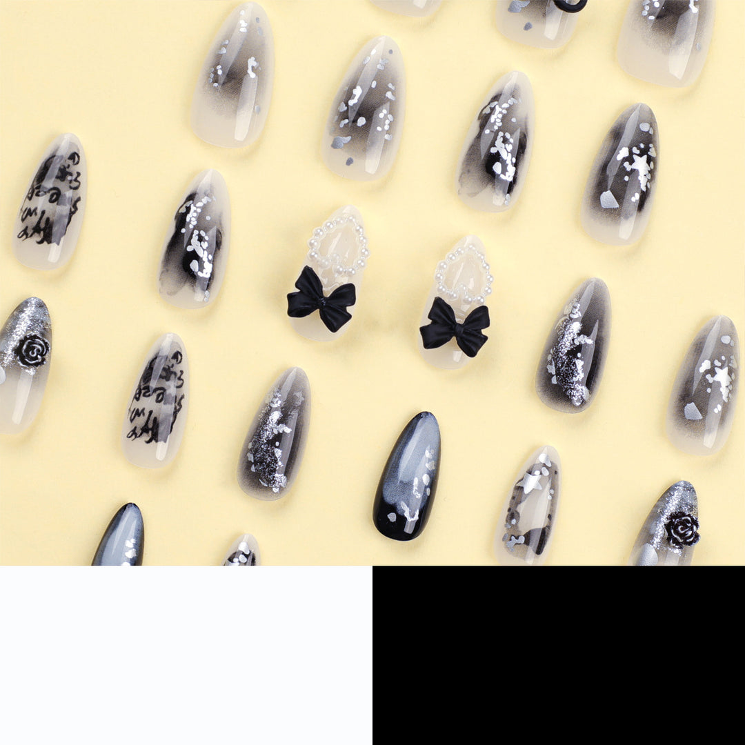Artificial nail art with unique black and white design Bowlift