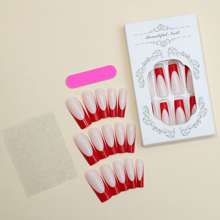 Elegant Press-On Nail Set with Artistic Red and White Design Bowlift