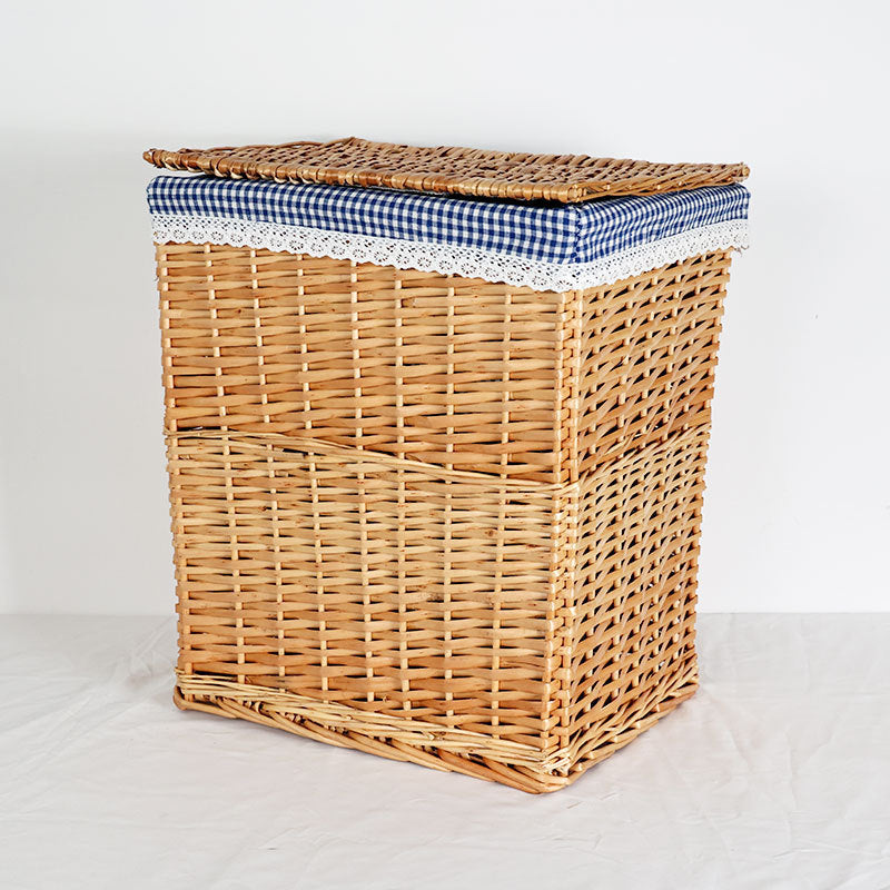 Ladies laundry basket with checked fabric cover and elegant lace trim Bowlift