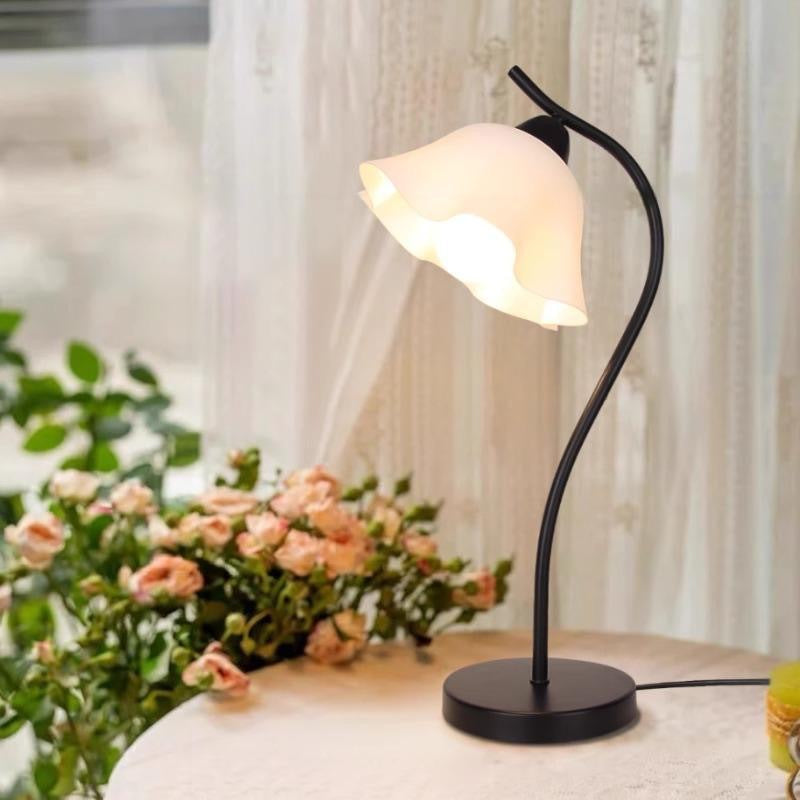 Ruffled Bell-Shade Bedside Table Lamp with Curved Stem Bowlift