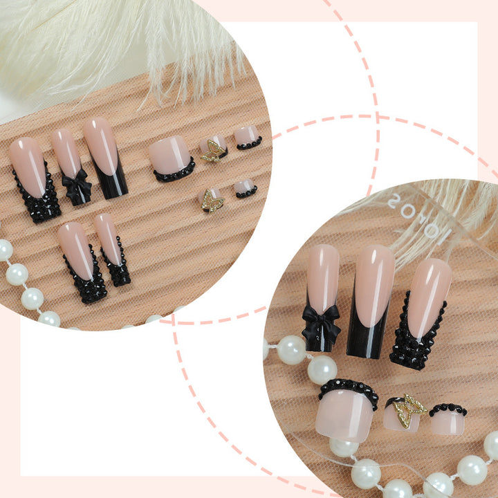 Elegant Press-On Nail Art Set with Decorative Bows and Crystal Accents Bowlift