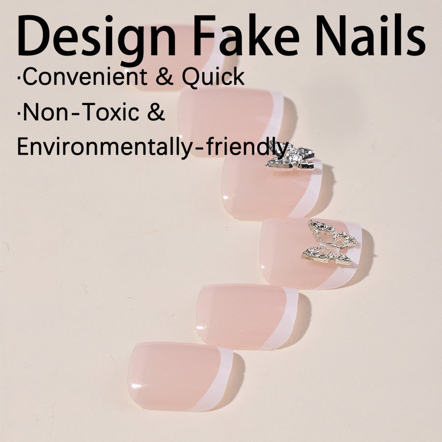 Artificial Nail Set with elegant French design and glitter accents Bowlift