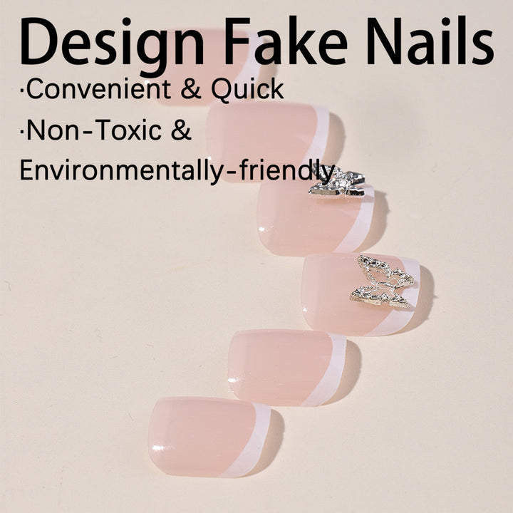 Artificial Nail Set with elegant French design and glitter accents Bowlift
