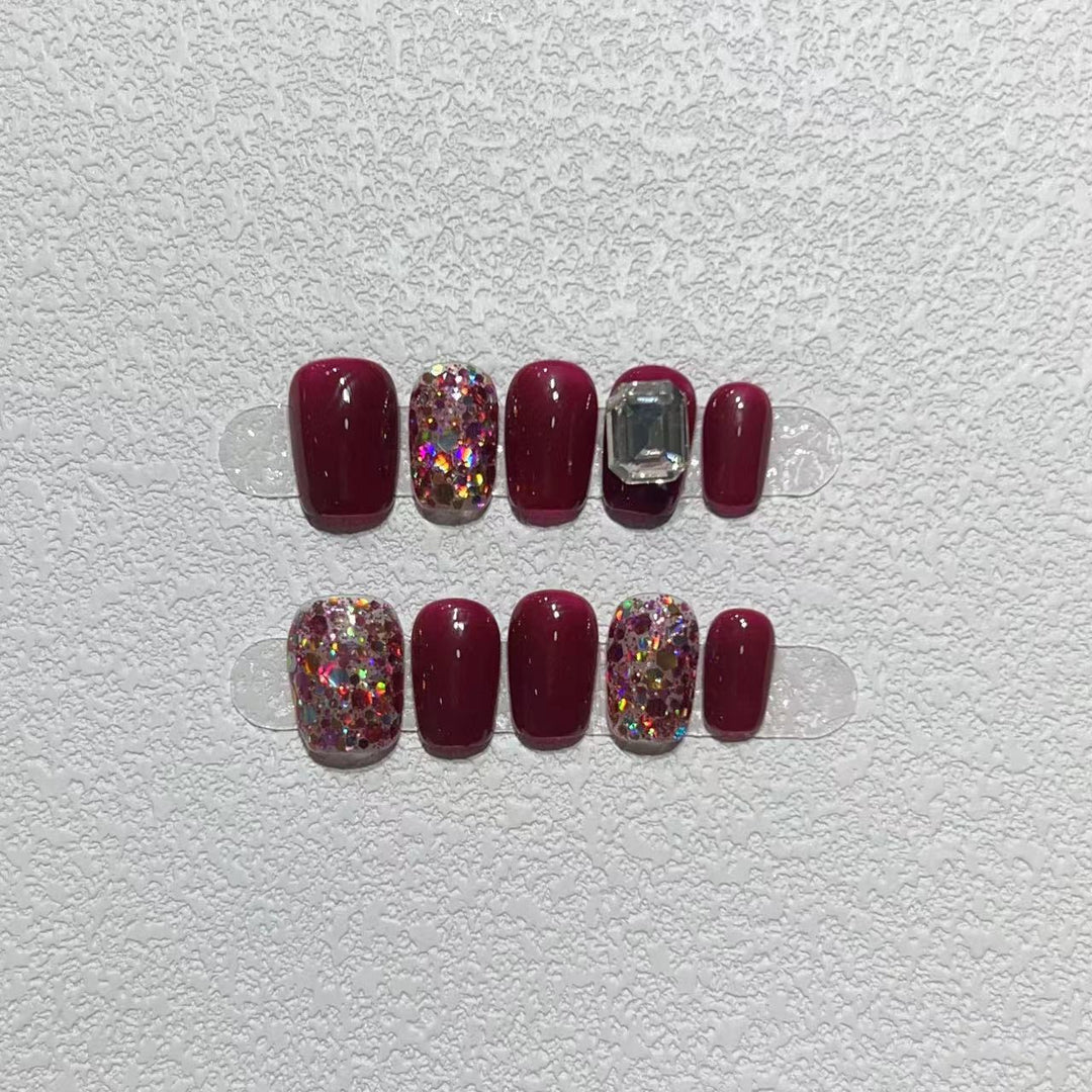 Elegant Press-On Nail Art Set with Gemstone Accents Bowlift