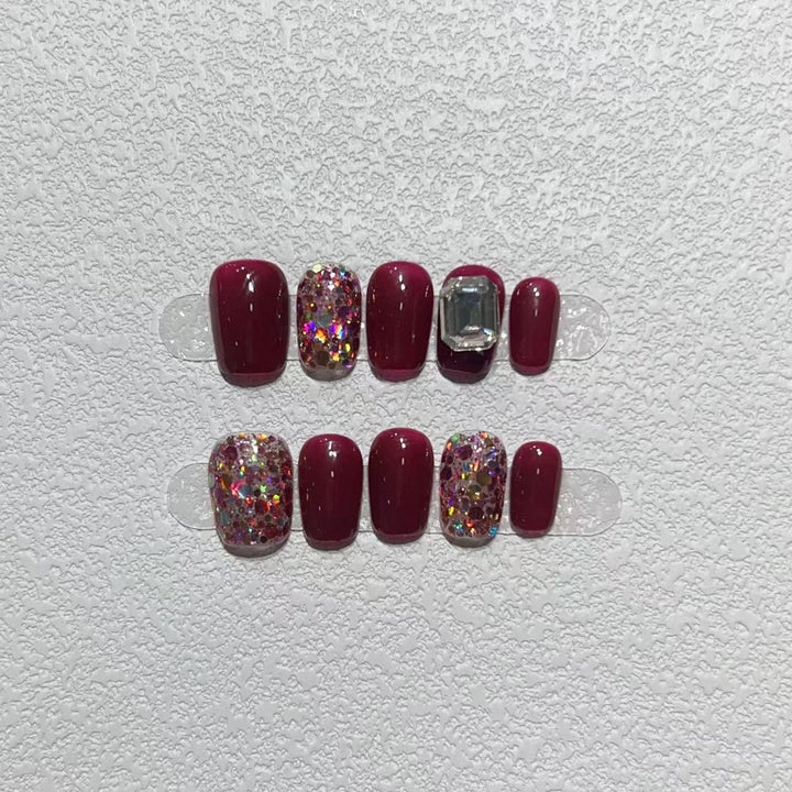Elegant Press-On Nail Art Set with Gemstone Accents Bowlift