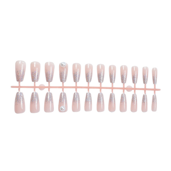 Elegant Press-On Nail Set with Glitter and Pearl Accents Bowlift