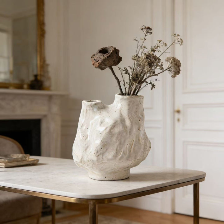 Hand-extrapolated Organic Textured Ceramic Sculptural Bud Vase with Asymmetrical Serrated Edge