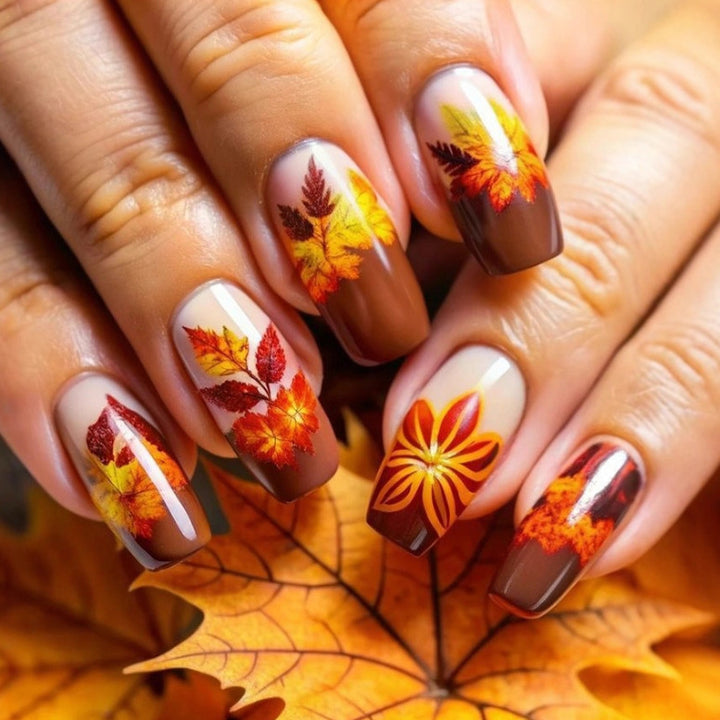 Artificial nails with autumn floral and leaf design Bowlift