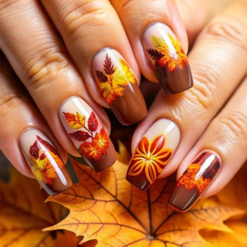 Artificial nails with autumn floral and leaf design Bowlift