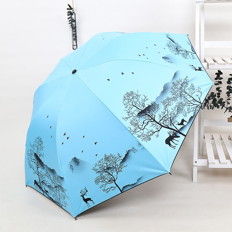 Ladies Foldable Umbrella with Artistic Nature Design Bowlift