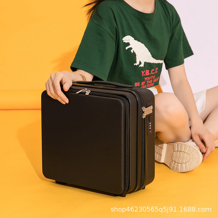 compact hard-shell travel vanity makeup case with TSA combination lock and dual-zip compartments Bowlift