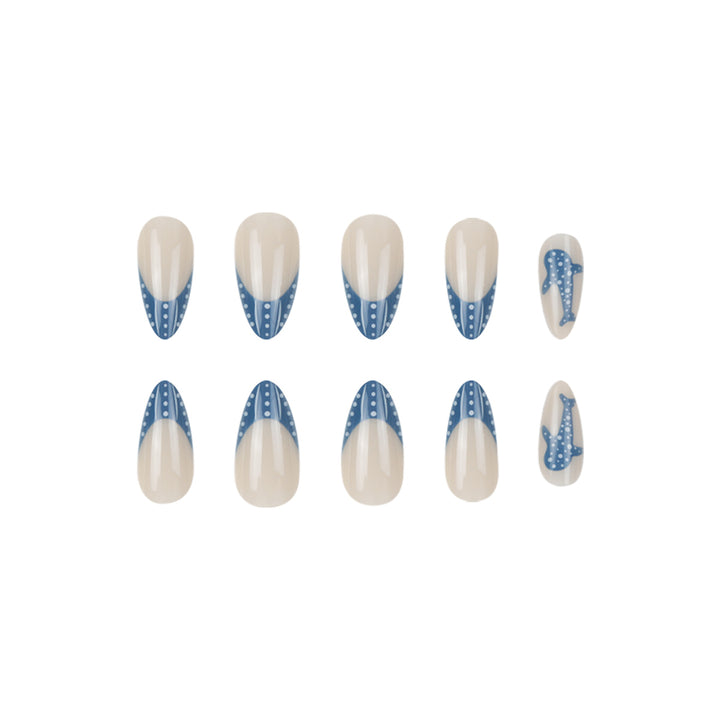 Elegant Shark-Inspired French Tip Press-On Nails Bowlift