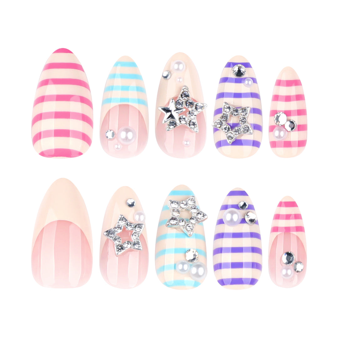 Artistic acrylic stiletto nails with glitter and star embellishments Bowlift