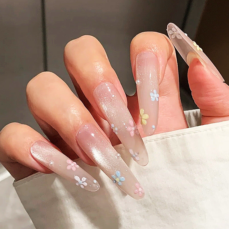 Long Acrylic Press-On Nails with Floral Embellishments Bowlift