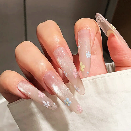 Long Acrylic Press-On Nails with Floral Embellishments Bowlift