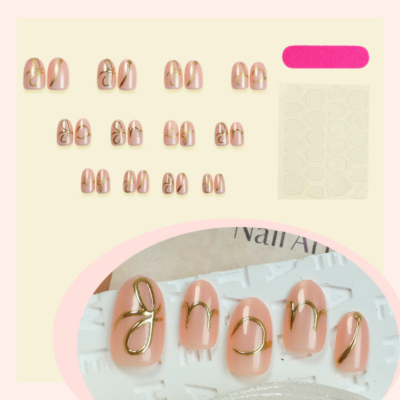 Elegant Press-On Nail Art Set with Stylish Gold Accents Bowlift