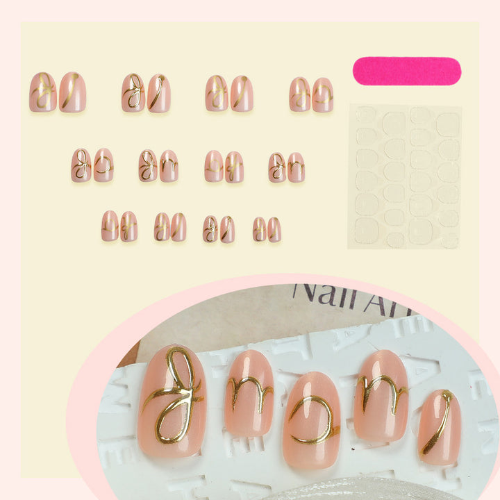 Elegant Press-On Nail Art Set with Stylish Gold Accents Bowlift