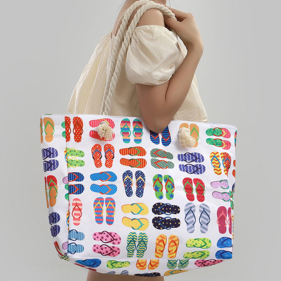 Large Canvas Rope-Handle Beach Tote Bag with Printed Flip-Flop Pattern Bowlift