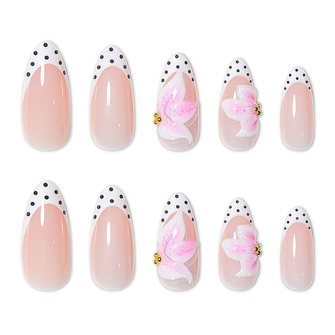 Artistic Floral and Polka Dot Press-On Nail Extensions Bowlift