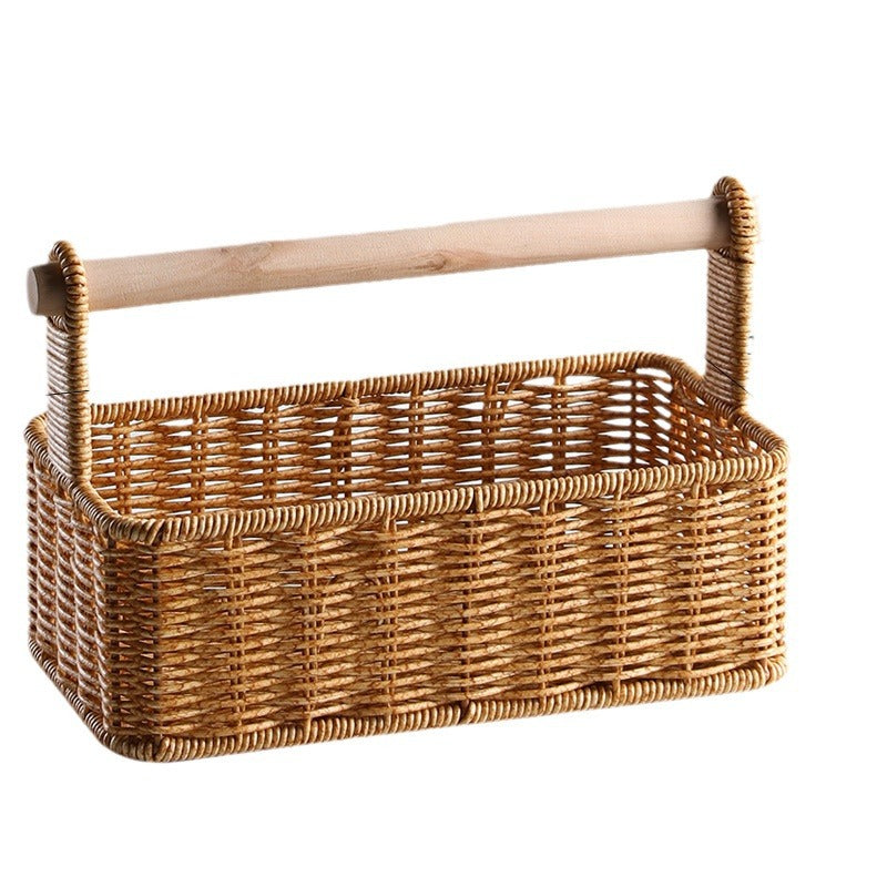 Handcrafted Woven Storage Basket with Wooden Handle Bowlift
