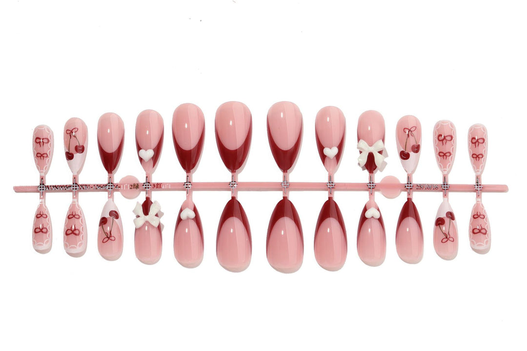 Decorative Press-On Nail Set with Charming Cherry and Bow Designs Bowlift