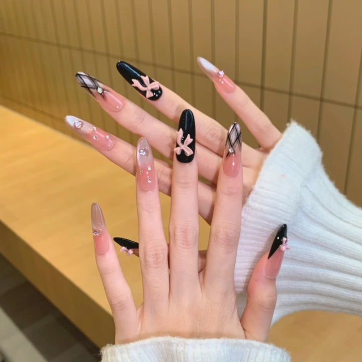 Artistic Press-On Nail Set with Creative Bow and Gemstone Accents Bowlift