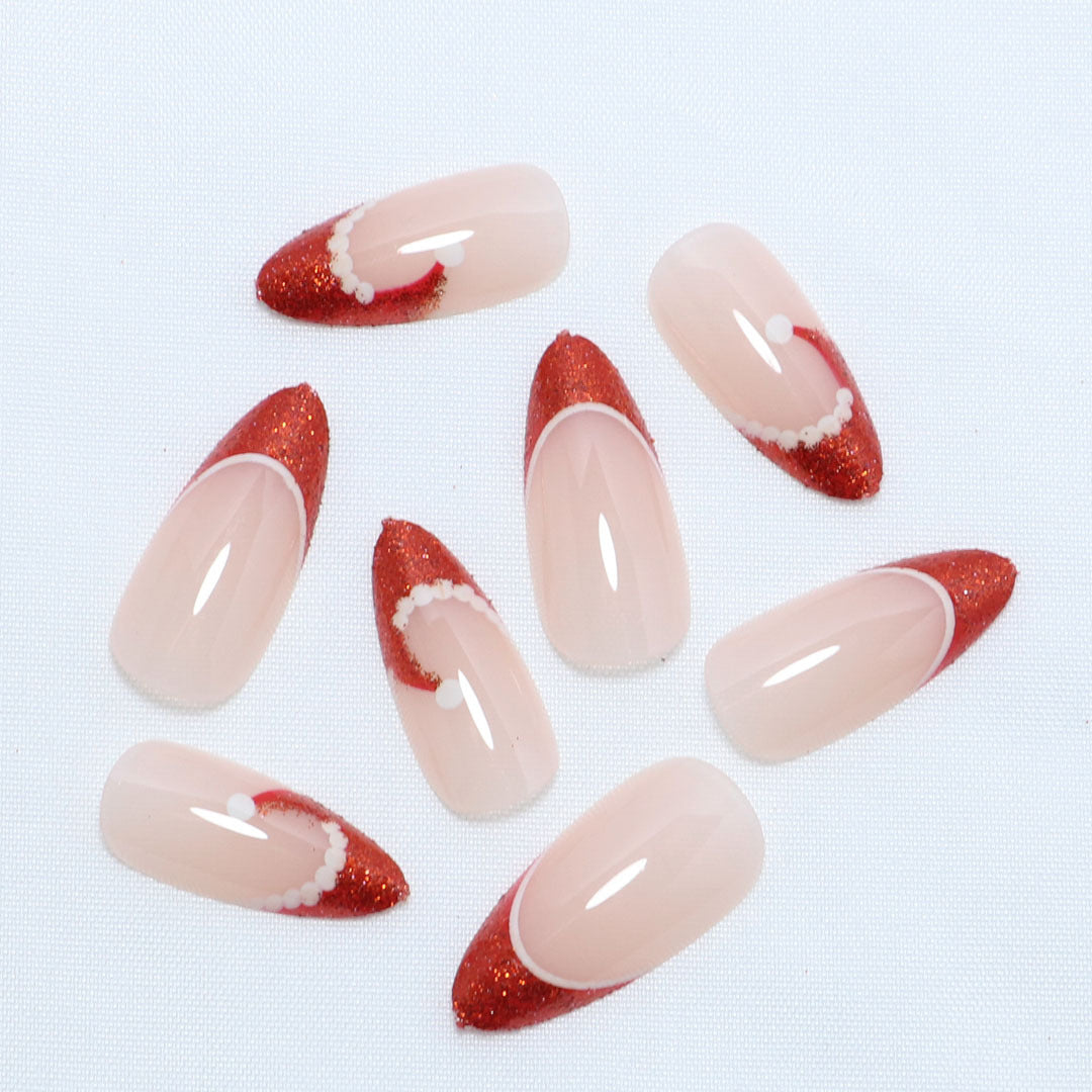 Artistic French Tip Press-On Nails with Glitter Accents Bowlift