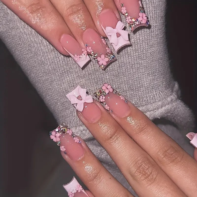 Art nail set with floral 3D accents and glitter decorations Bowlift