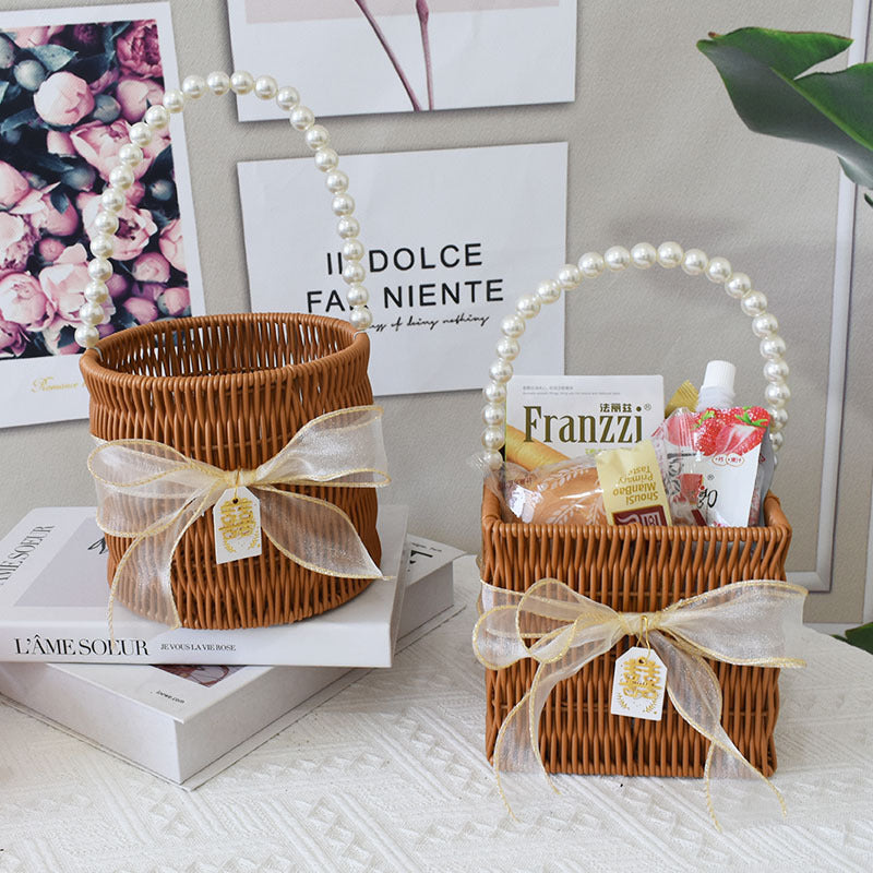 Chic Woven Handbag with Pearl Accent Bowlift