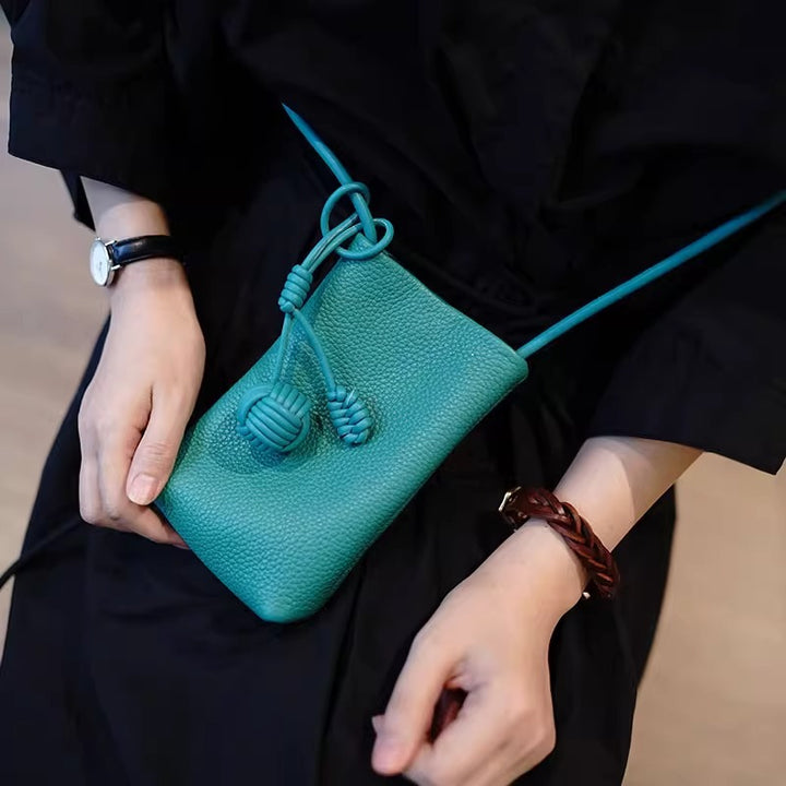 Pebbled Leather Mini Crossbody Phone Pouch with Knotted Strap Bowlift