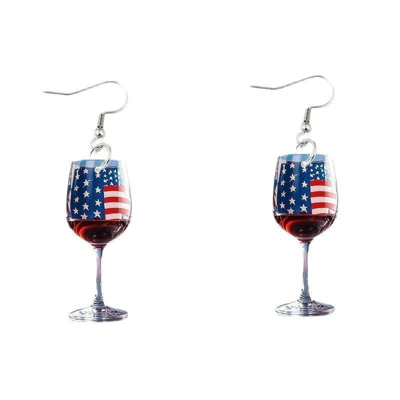 Women's nan novelty wine glass dangle earrings with patriotic American flag enamel Bowlift