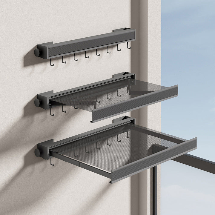 BowLift | Wall-Mounted Clothes Drying Rack with Grid Shelf and Hook Rail – Space-Saving Laundry Solution