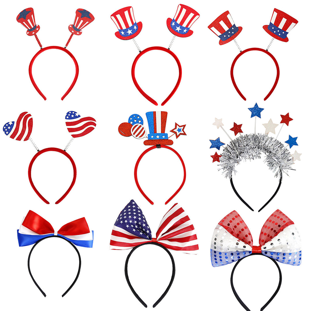 Independence Day patriotic novelty headband with spring-top Uncle Sam hats and glitter accents Bowlift