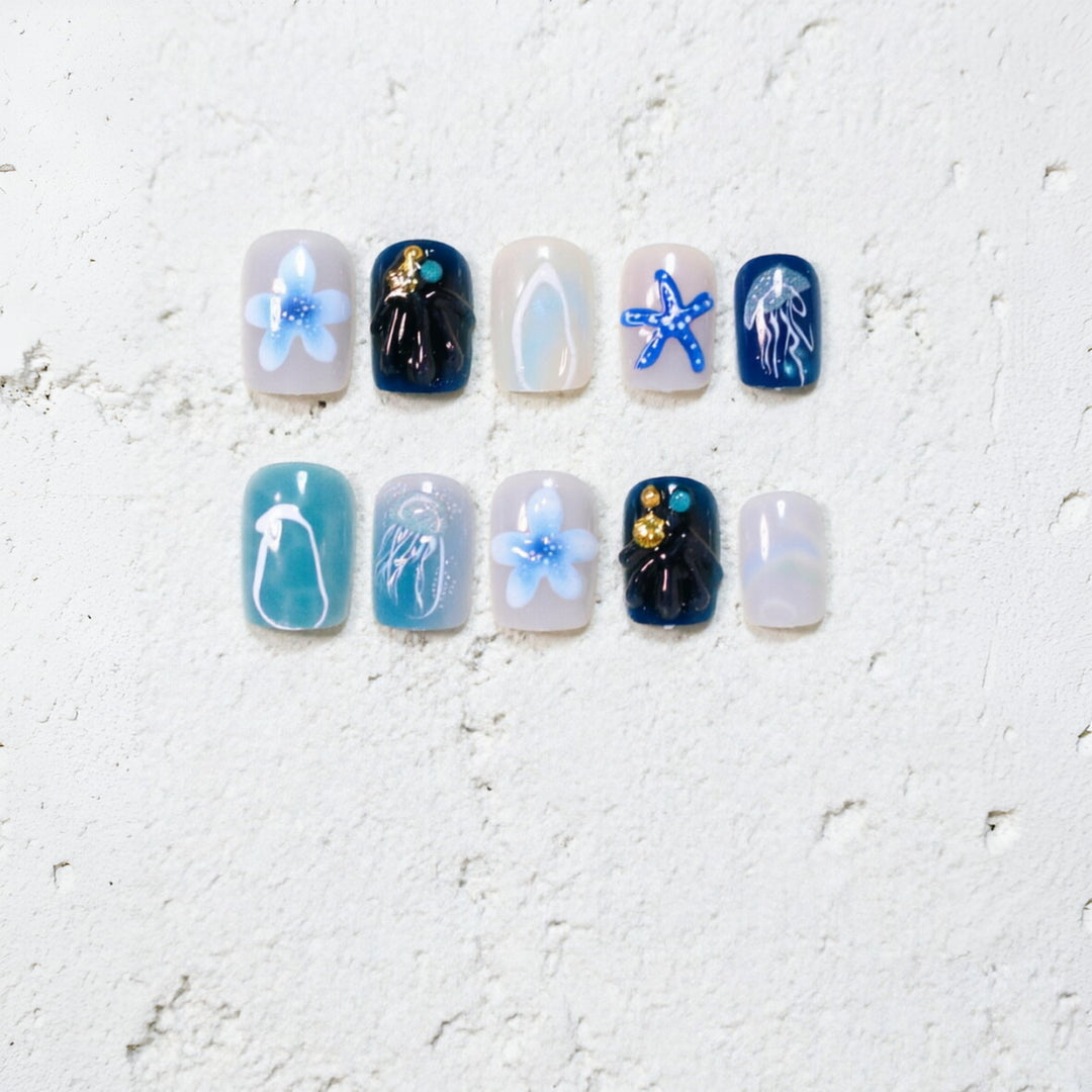 Ocean-Inspired Artistic Press-On Nail Design Bowlift