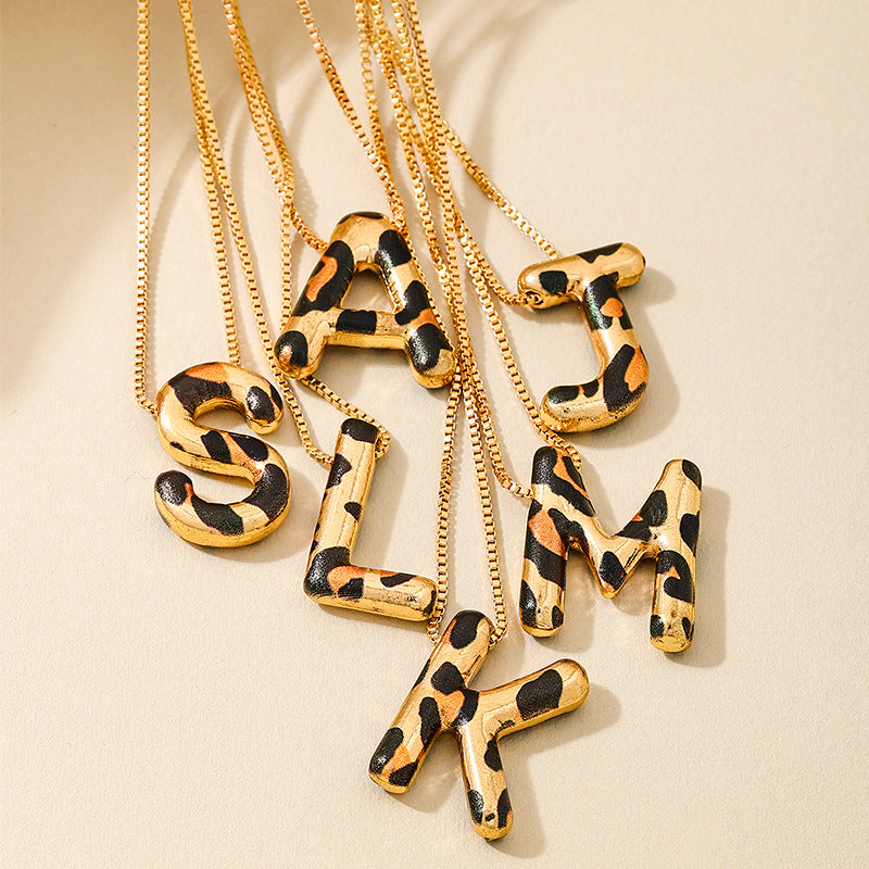 Custom Initial Pendant Necklace with Gold Chain and Leopard Resin Letter Charm Bowlift
