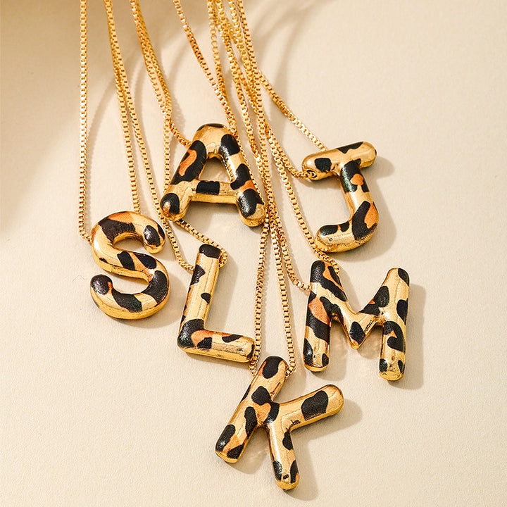 Custom Initial Pendant Necklace with Gold Chain and Leopard Resin Letter Charm Bowlift