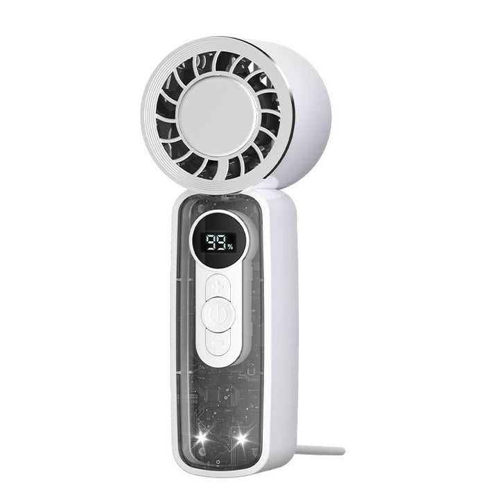 Cooling bladeless micro-turbine handheld fan with OLED battery display and fold-out stand Bowlift