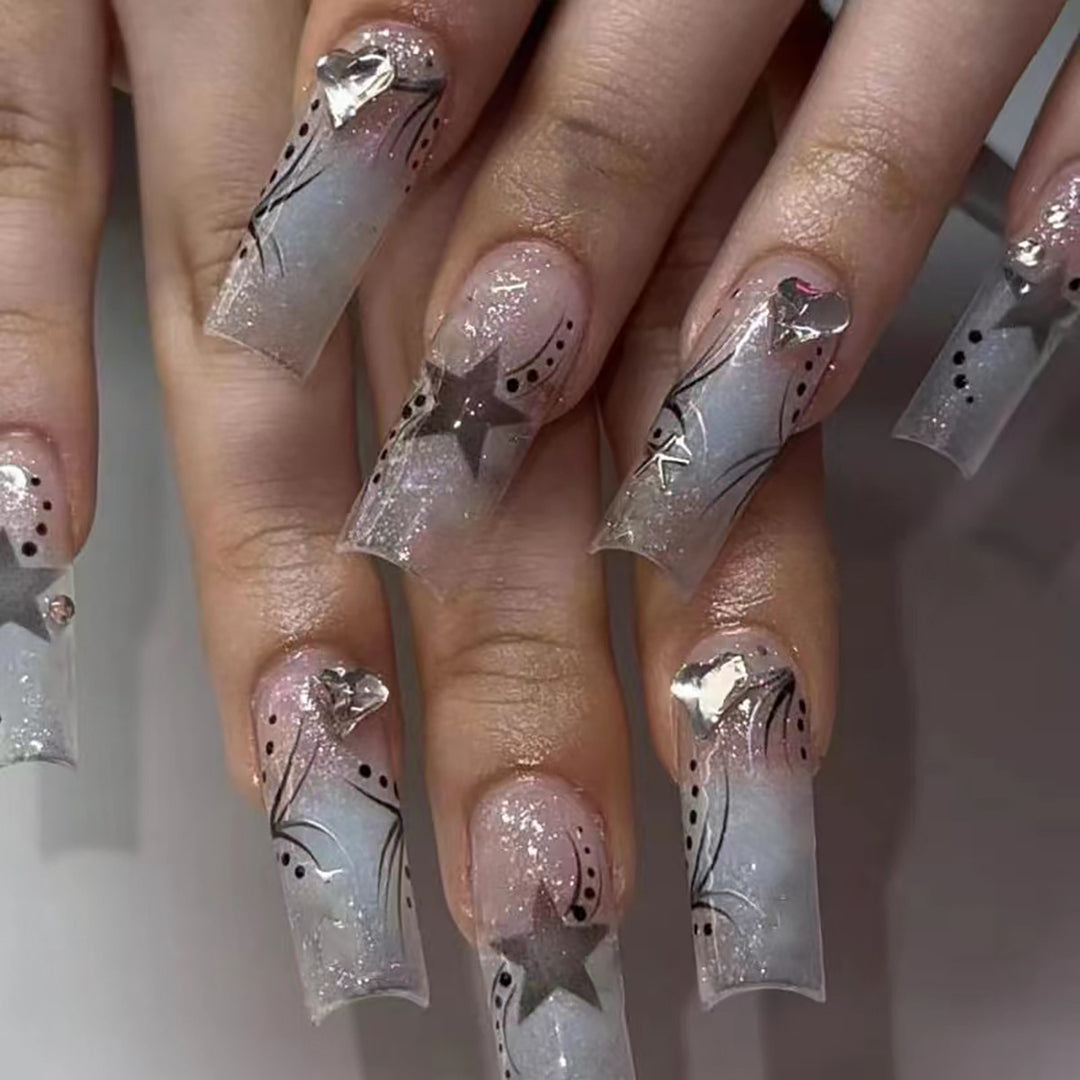 Star-Accented Stylish Long Press-On Nails Bowlift