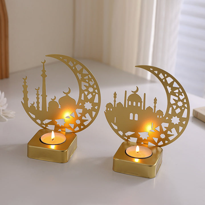 Crescent Silhouette Mosque Tea Light Lantern with Filigree Metal Base Bowlift